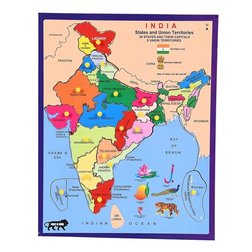 Wooden Large India Map with State Puzzle with Knobs