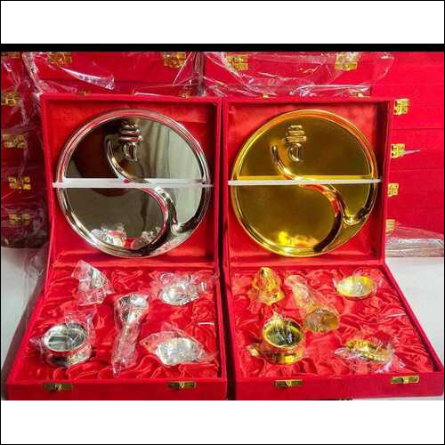 Golden And Silver Brass Pooja Thali Gift Set