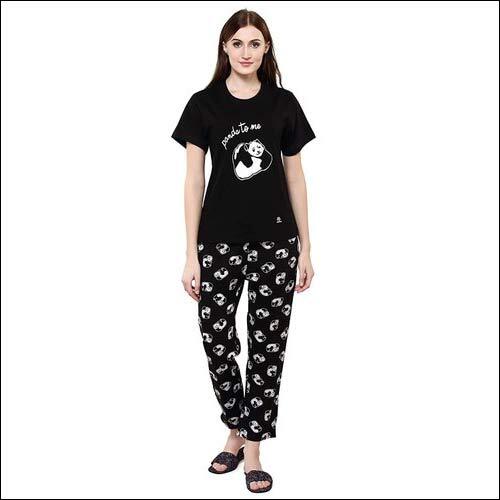 Evolove Womens Bold Black Round Neck Panda Printed Pajama Set