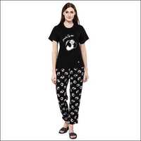 Evolove Womens Bold Black Round Neck Panda Printed Pajama Set