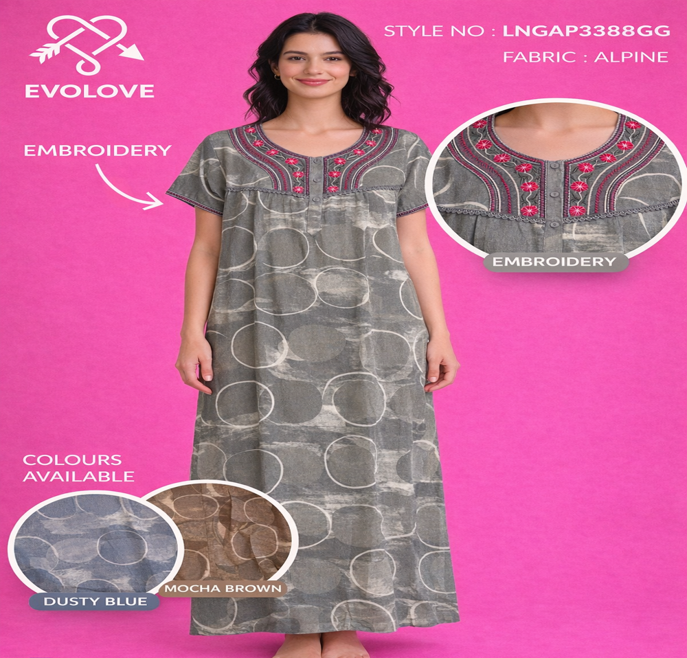 LADIES NIGHTGOWN WITH EMBROIDERY,  FABRIC ALPINE