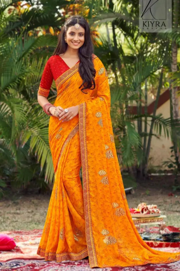 Nizra Fabric Moss Chiffon print Sarees by Kiyra Sarees