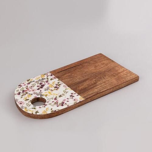 Wood Wooden Serving Board With Flora Enamel Design.