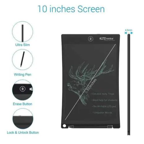 Portronics Ruffpad 10 Plus Re-Writeable LCD Writing Pad with Content Safety Button (Black)