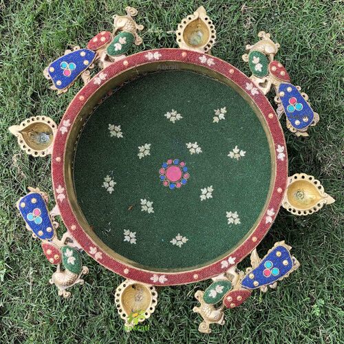 Peacock Design Brass Urli with Four Diyas with beautiful mosaic stone work hurli Decor Brass flower pot Traditional Bowl