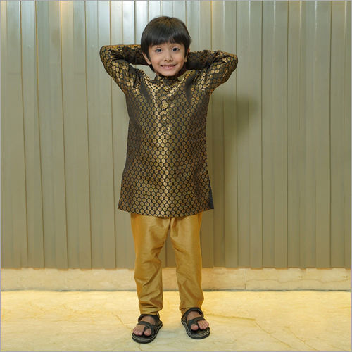 Boys Black and Gold Brocade Kurta Pajama Set