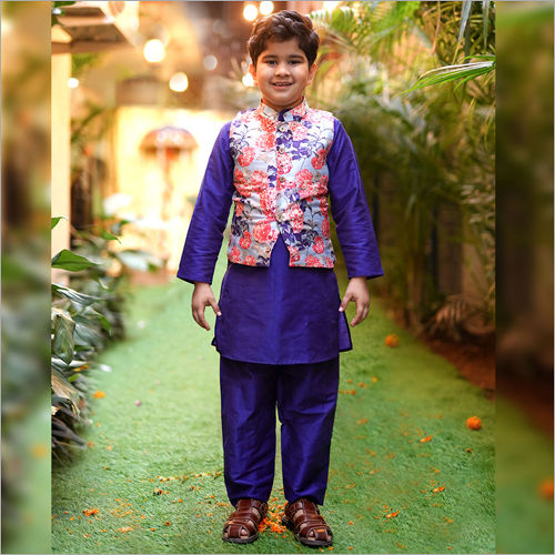 Boys Peacock Blue Kurta With A Floral Print Nehru Jacket Age Group: 1-12 Years