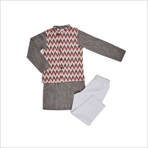 Boys White Pink and Grey Multicolored Cotton Nehru Jacket