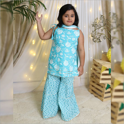 Girls Sky Blue Cotton Strap Sleeves Kurta And Sharara Set With Dupatta Age Group: 1-12 Years