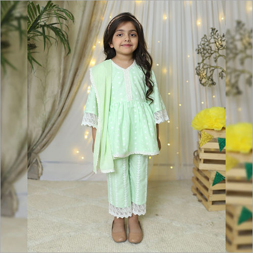 Girls Sea Green Peplum Kurta With Straight Pants and Cotton Laced Dupatta