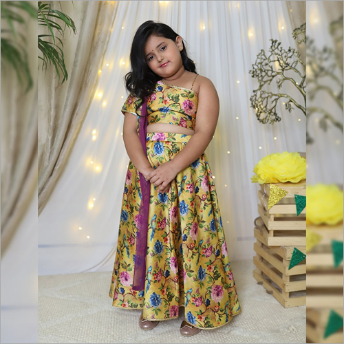 Girls Floral Print One Shoulder Lehenga Choli Set With Net Dupatta