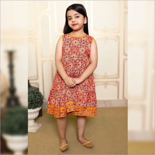 Girls Ajrak Print Frock With Mustard Border and Belt
