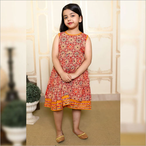 Girls Ajrak Print Frock With Mustard Border And Belt Age Group: 1-12 Years