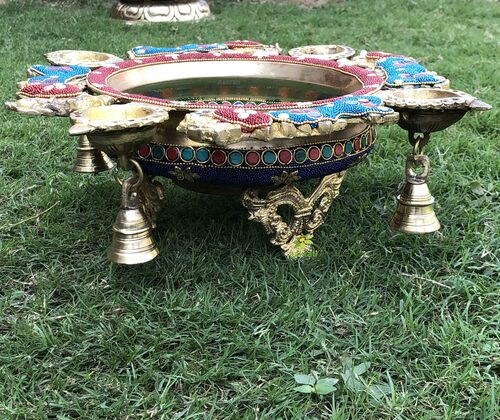 Peacock Design Brass Urli with Four Diyas Hurli Decor Decorative Bowl Indian Houseware Home Decor