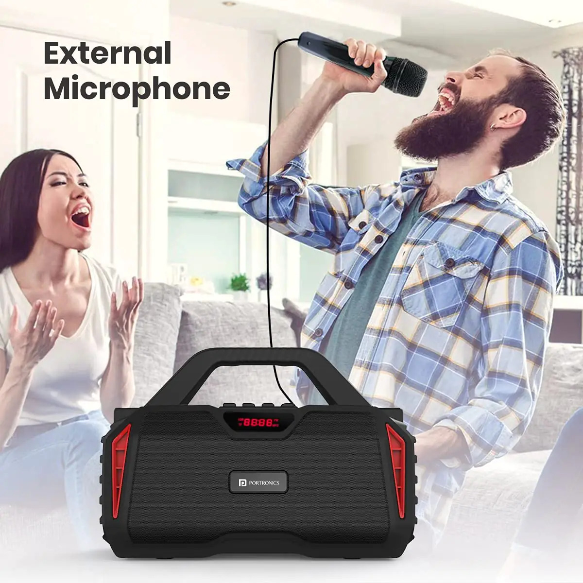 Portronics Chime 20W TWS Wireless Bluetooth Speaker with Wired Karaoke Mic. with Inbuit FM USB Aux-in Micro SD Upto 8 hr Playback TIme