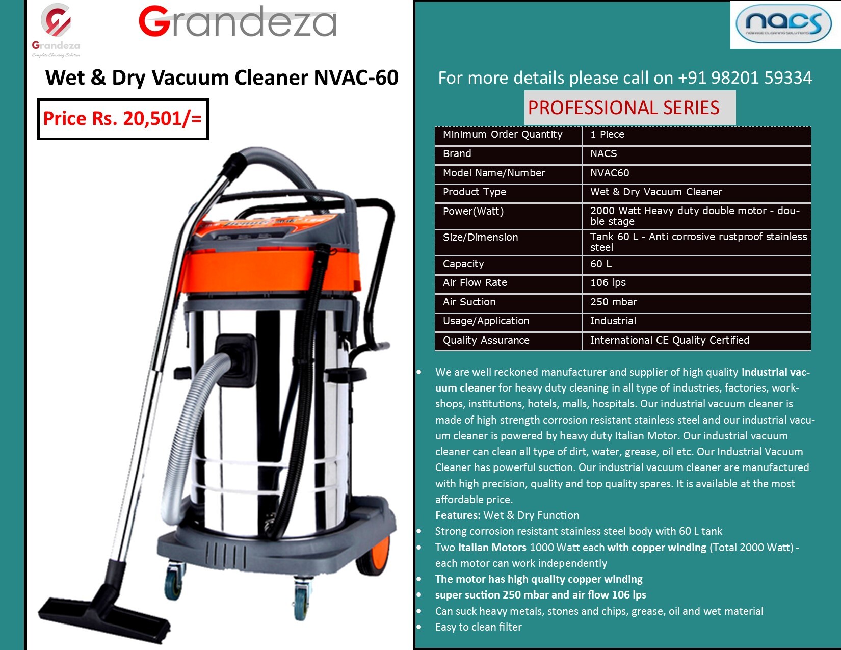 NACS Wet and Dry Vacuum Cleaner NVAC-60