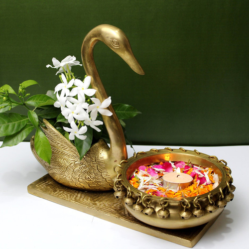 Ethnic Swan Design Brass Urli Showpiece Brass Statue For Corner Table Floating Flowers Candles Diya for home decoration