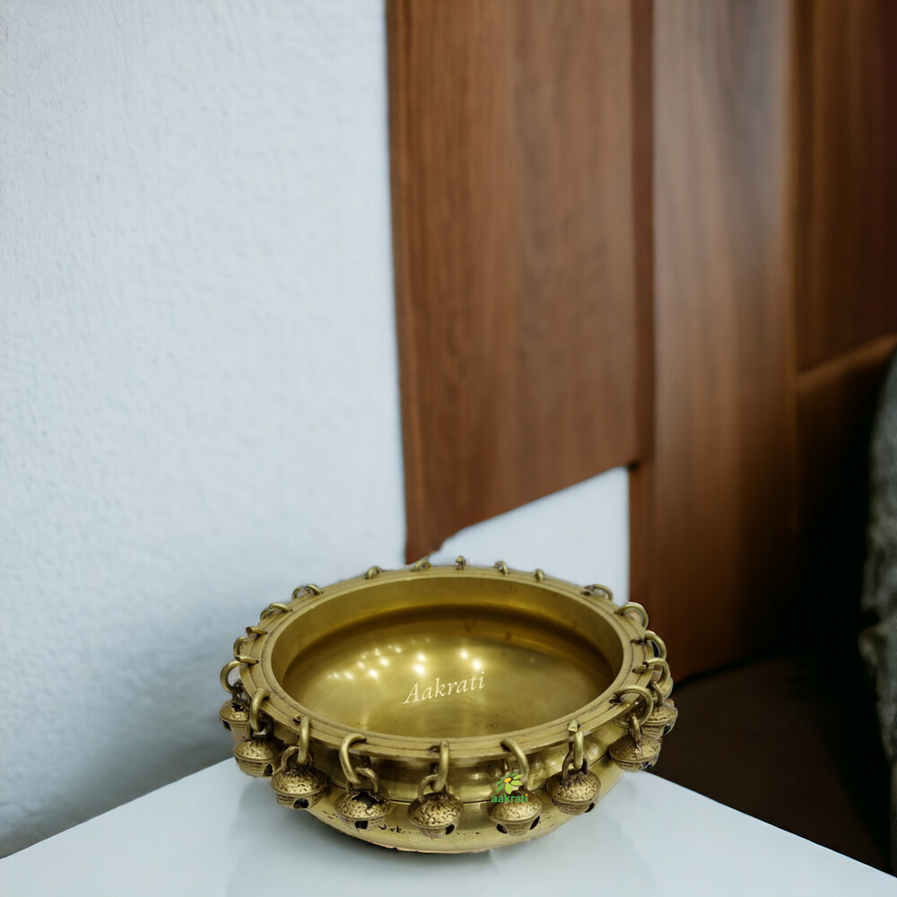 Brass Urli Traditional Bowl with Bells Centre Table Decor Brass 0Decoration Basket Brass Statue for Corner Table