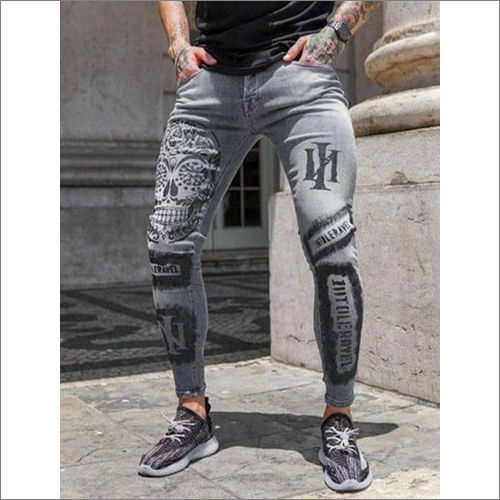 Washable Mesn Grey Printed Denim Jeans