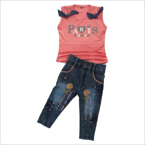 Denim Capri And Cotton Top Set - Cotton Fabric, Sleeveless Design, Printed Pattern | Ideal for Girls, Soft Texture, Washable Quality