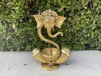 Ganesh Statue With Akhand Diya Table Top Religious Hindu God Figure - Color: Yellow