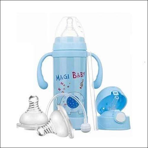 little monkeys 2 in 1 Thermal Insulated Baby Steel Feeding Bottle-Straw Sipper with Handle 220 ml (Blue)