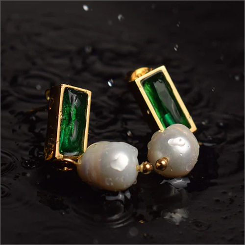 18k Gold Plated Green Stone Pearl Dangle Earrings