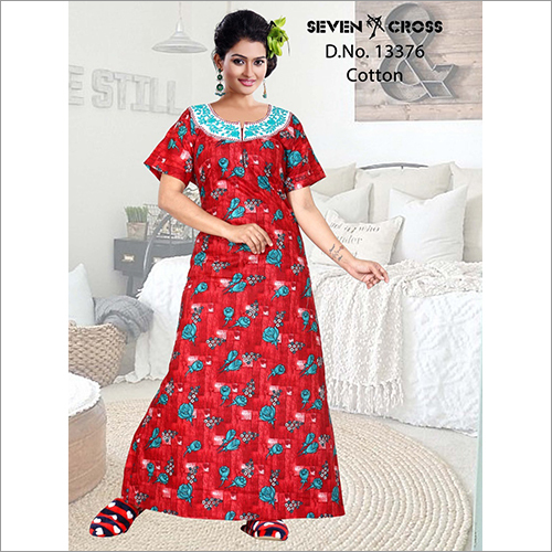Red Ladies Short Sleeves Cotton Embroidery Nighty