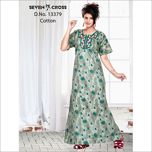 Designer Print Cotton Embroidery Nighty