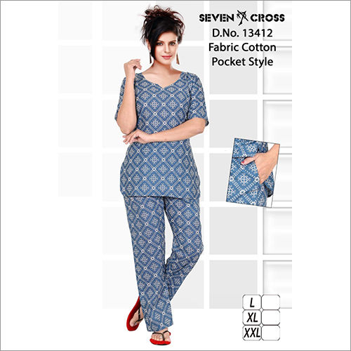 Blue Ladies Pocket Style Cotton Night Suit