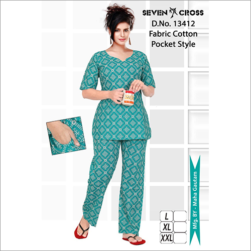 Ladies Printed Cotton Pocket Style Night Suit