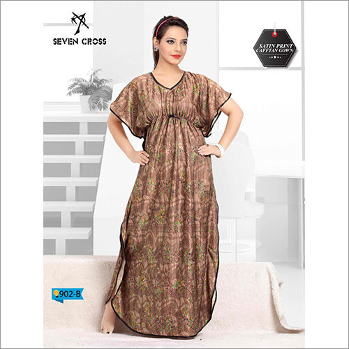 Brown Ladies Printed Satin Kaftan Nighty