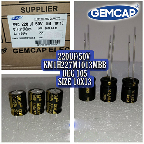 220MFD-50V Electrolytic Capacitors - 10 x 13 mm | Black Cylindrical, 220ÂµF Capacity, 50V Rated, 3000 Hour Load Life at 105Â°C
