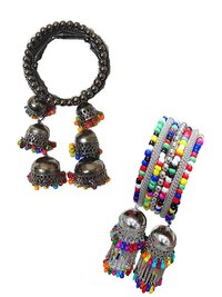 Vembley Combo of 2 Traditional Silver Bangle Bracelet with Hanging multicolor Beads Jhumki for Women and Girls