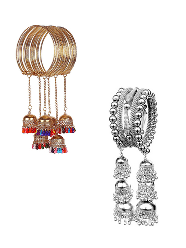 Vembley Combo of 2 Trendy Golden and  Silver Bangle Bracelet with Hanging multicolor Beads Jhumki