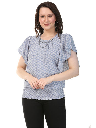 Ladies Light Blue silk blend bsy Printed Top