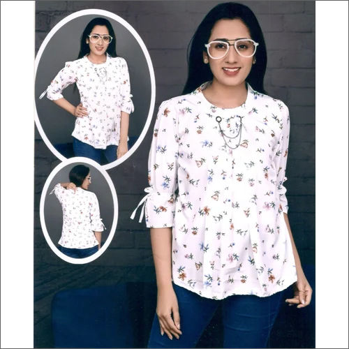 Ladies White Heavy Rayon Printed Top