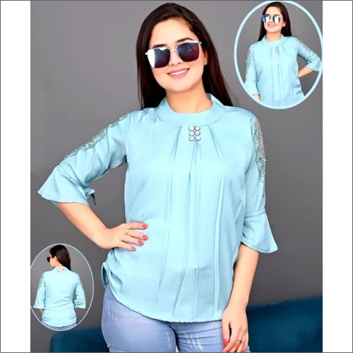 Ladies Sky Blue Heavy Rayon Top - XL Size, Round Neck, Flared Sleeve, Long Style, Plain Pattern, Party Wear Design | Suitable for All Seasons