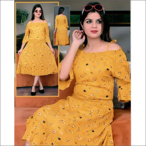 Ladies Yellow Printed Rayon Midi Dress