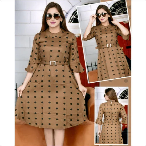 Ladies Brown Printed Dotted Midi Dress