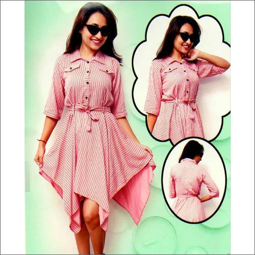 Ladies Pink Stripe Rayon Midi Dress