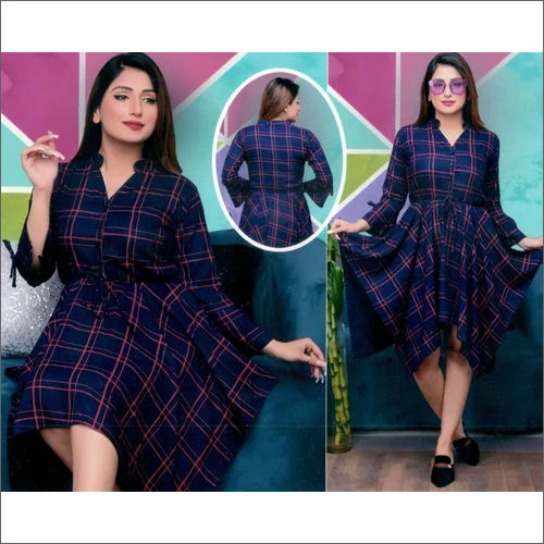 Washable Ladies Blue Check Rayon Midi Dress