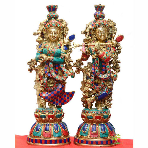 Metal Aakrati Brass Radha Krishna Statue  20 Inch Tall Radha Krishna Figurine In Brass  Large Radha-Krishna Sculpture Hindu Divine Couples  Marriage Gift