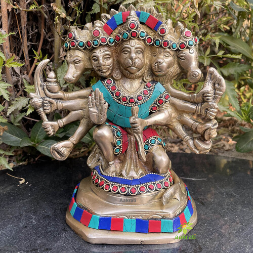 Panch Mukhi Hanuman Statue with stone work Celibacy Lord Five face Hanuman Idol Bajrangbali Handmade brass Ram Bhakt Indian God