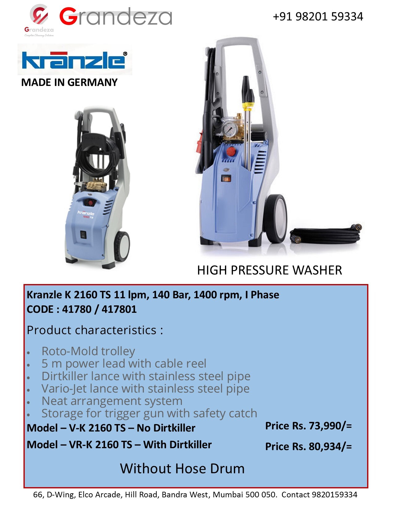 KRANZLE  V K 2160 TS QC High Pressure Washer