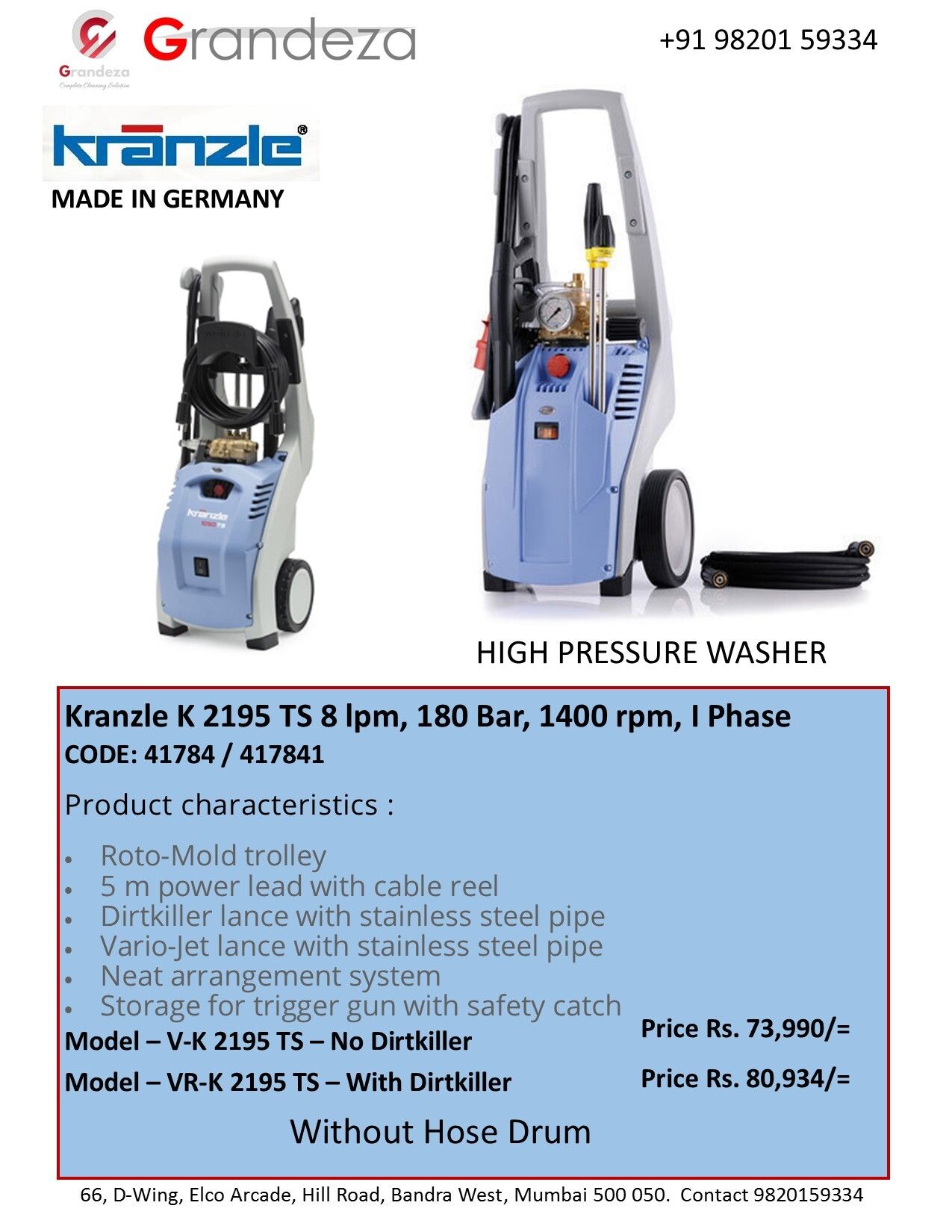 KRANZLE V K 2195 TS QC WODK High Pressure Washer