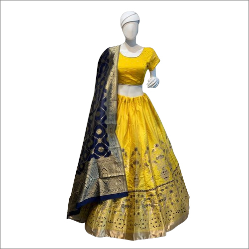 Yellow-Blue Ladies Party Wear Lehenga