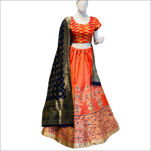 Orange-Blue Semi Stitched Lehenga Choli