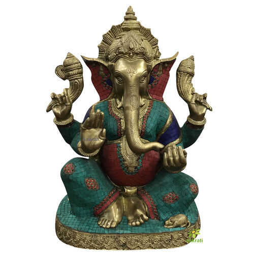 Ganesh Statue With Colored Stones 21 Inch Indian Brass Cast