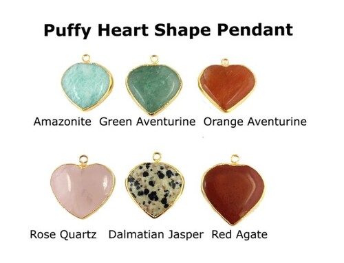Puffy Heart Shape Gemstone Pendant Dalmatian Amazonite Rose quartz Red Agate Gemstone Charms Necklace